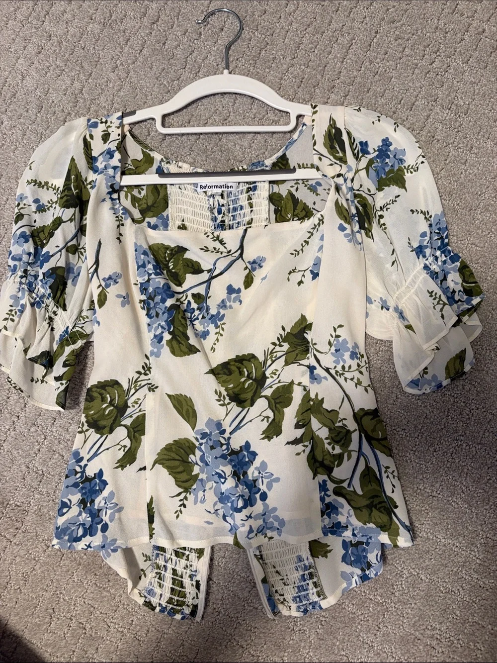 Reformation White Floral Puff-Sleeve Blouse with Blue & Green Print